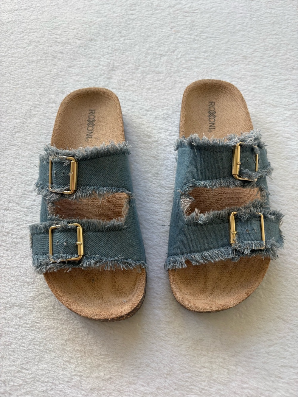 Blue Frayed Double-Buckle Slide Sandals - Picture 2 of 7
